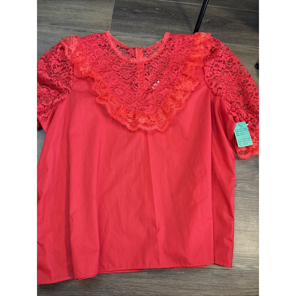 Vintage New  Square Up Fashions Red Lace Trim Dance Top Puff Sleeve Ruffle 3XL